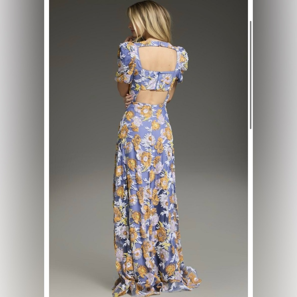 Jovani Blue and Gold Floral sequin Backless Dress - Picture 2 of 7
